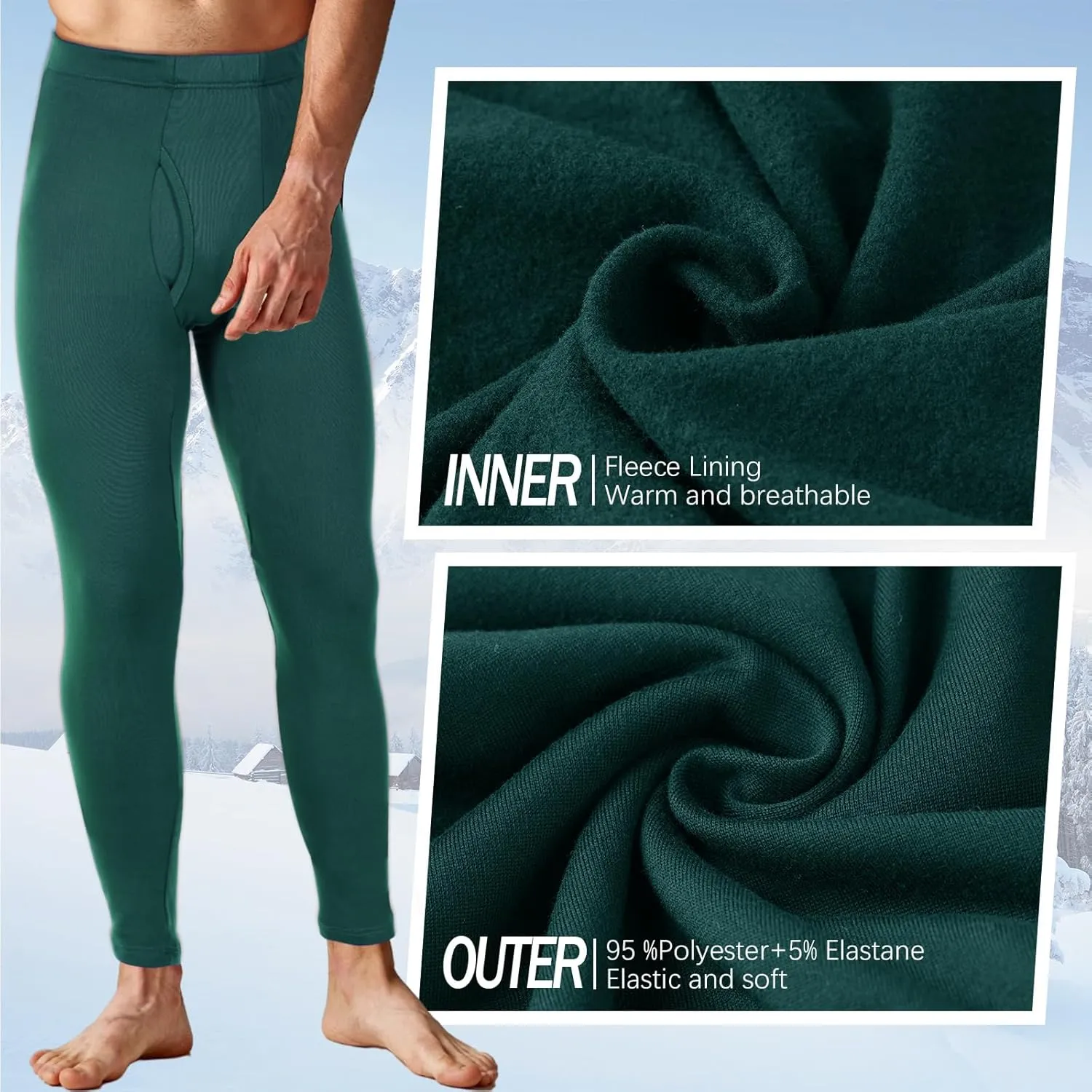 2 Pack Thermal Men Long Underwear Pants Winter Warm Fleece Lined Underwear Bottom Cold Weather Base Layer Legging