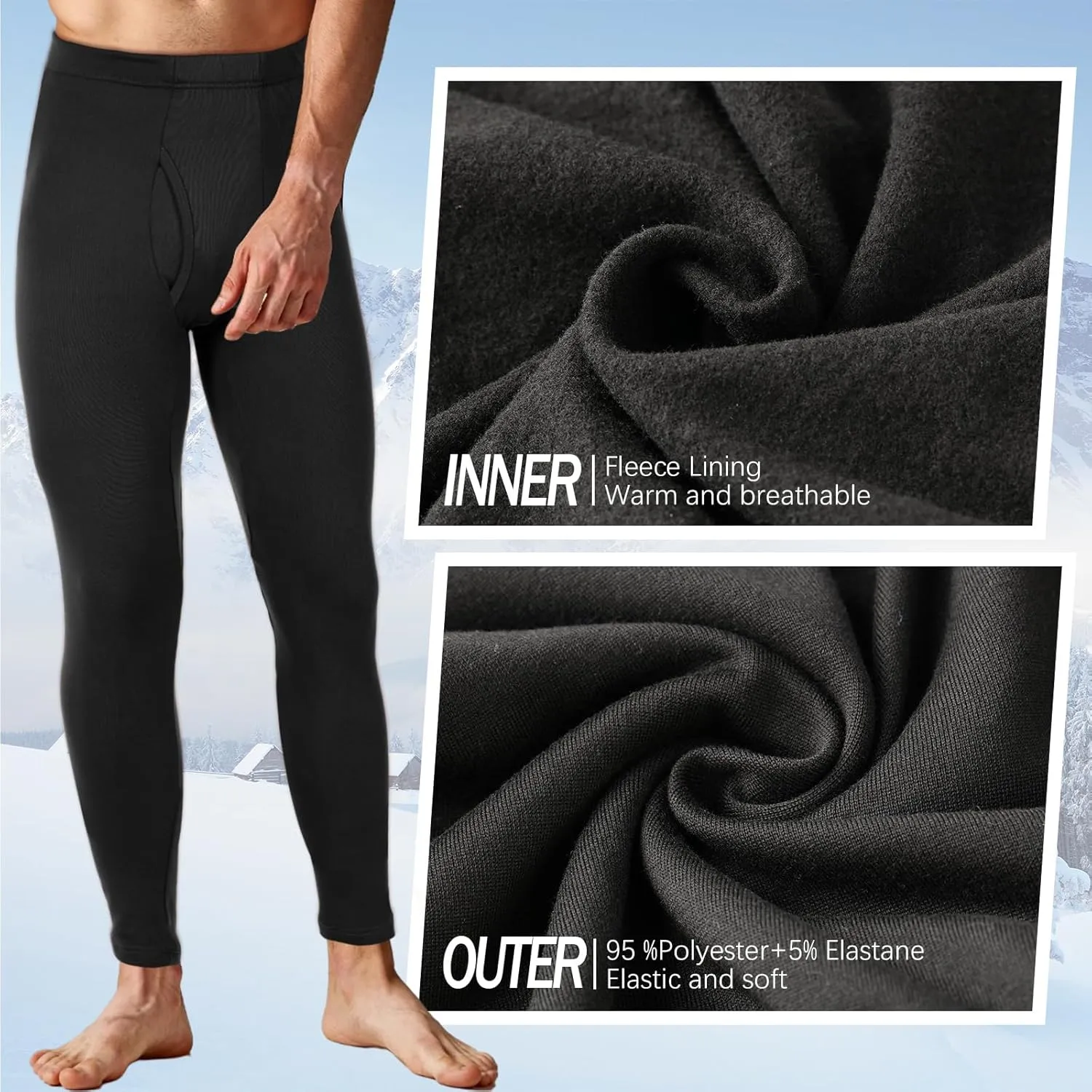 2 Pack Thermal Men Long Underwear Pants Winter Warm Fleece Lined Underwear Bottom Cold Weather Base Layer Legging