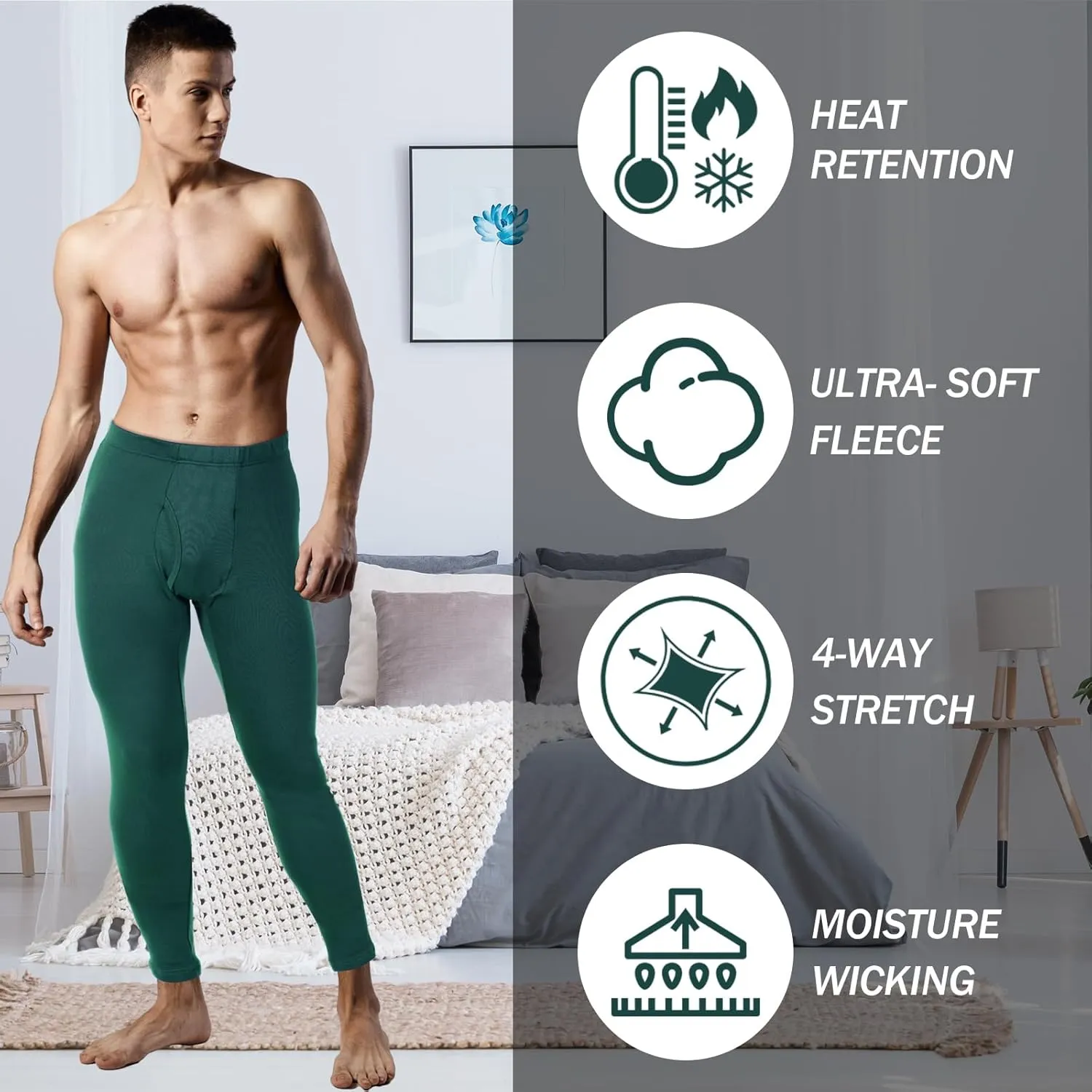 2 Pack Thermal Men Long Underwear Pants Winter Warm Fleece Lined Underwear Bottom Cold Weather Base Layer Legging