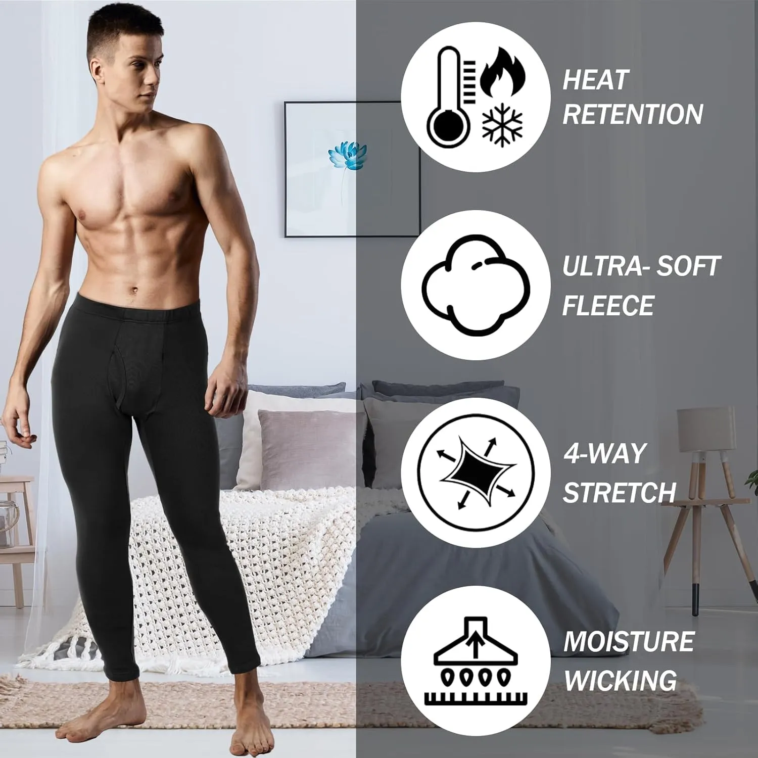 2 Pack Thermal Men Long Underwear Pants Winter Warm Fleece Lined Underwear Bottom Cold Weather Base Layer Legging