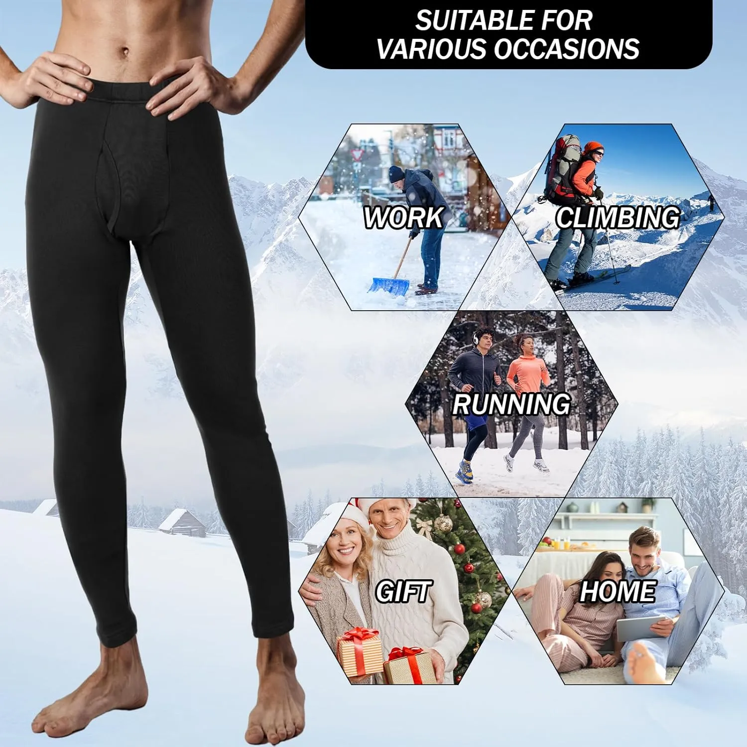 2 Pack Thermal Men Long Underwear Pants Winter Warm Fleece Lined Underwear Bottom Cold Weather Base Layer Legging