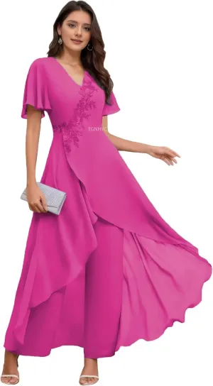 2 Pieces Dressy Pant Suits Short Sleeve Lace Chiffon Wedding Pantsuits for Women Casual Outfits Hot Pink 6