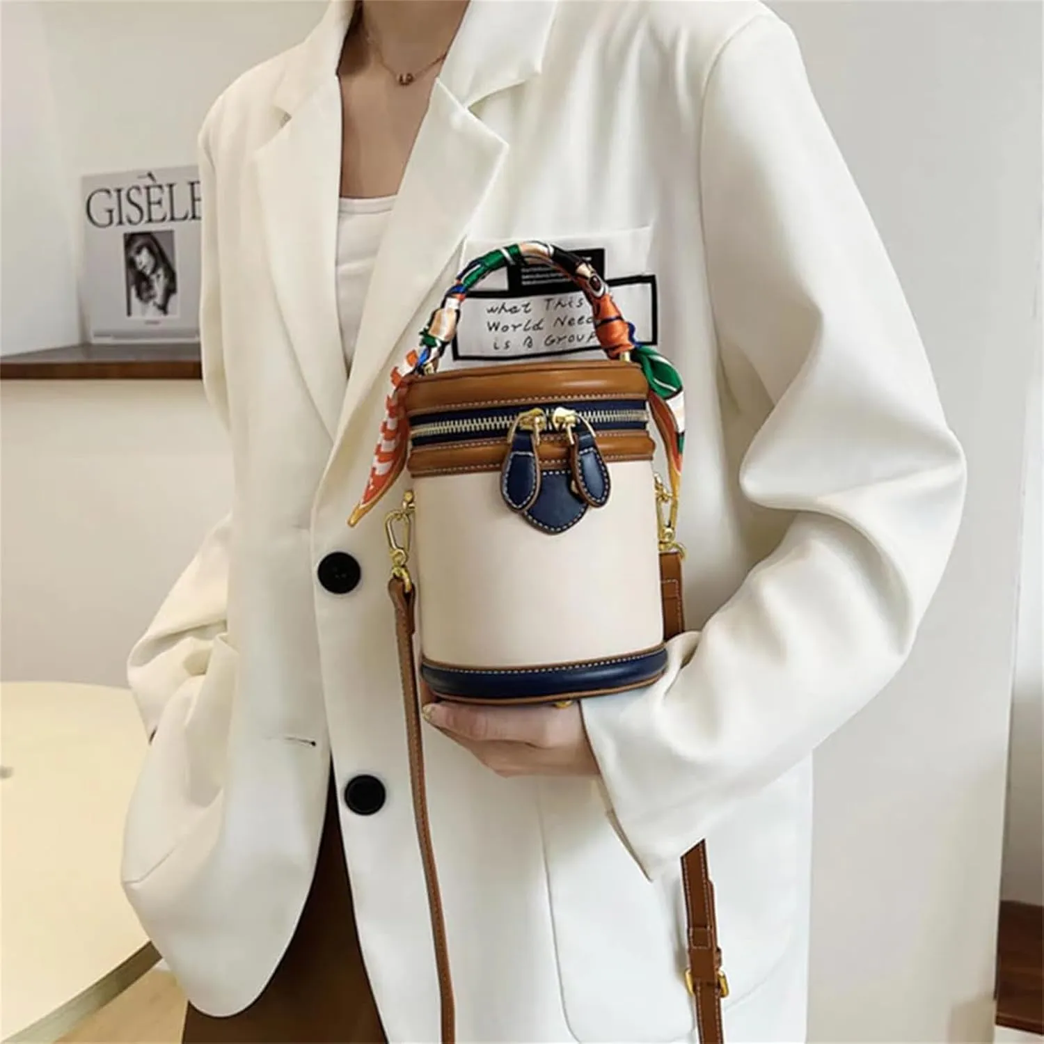 2025 New Summer Cylinder Bag, Colorblock Bucket Bag for Women, Fashionable Crossbody Bag, Women's Shoulder