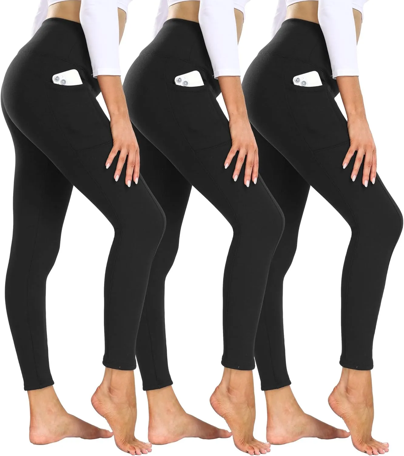 3 Pack Fleece Lined Leggings Women with Pockets - High Waisted Plus Size Winter Thermal Yoga Pants (S-5XL)