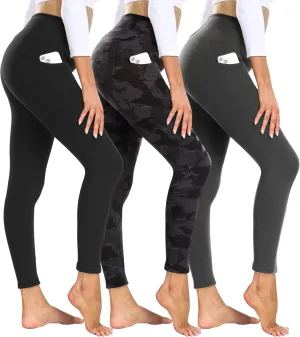 3 Pack Fleece Lined Leggings Women with Pockets - High Waisted Plus Size Winter Thermal Yoga Pants (S-5XL)
