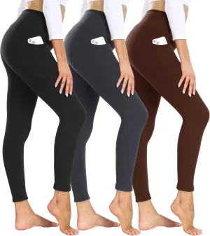 3 Pack Fleece Lined Leggings Women with Pockets - High Waisted Plus Size Winter Thermal Yoga Pants (S-5XL)