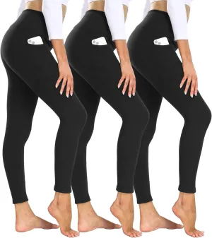 3 Pack Fleece Lined Leggings Women with Pockets - High Waisted Plus Size Winter Thermal Yoga Pants (S-5XL)