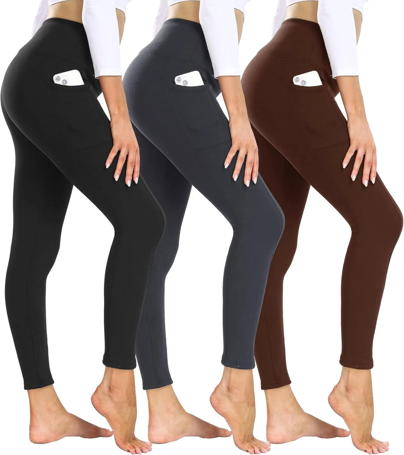 3 Pack Fleece Lined Leggings Women with Pockets - High Waisted Plus Size Winter Thermal Yoga Pants (S-5XL)