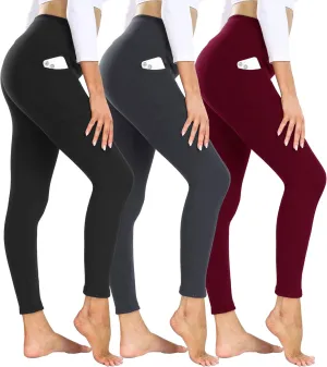 3 Pack Fleece Lined Leggings Women with Pockets - High Waisted Plus Size Winter Thermal Yoga Pants (S-5XL)