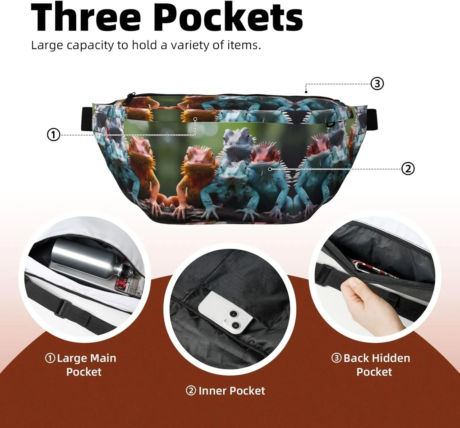 4 colorful lizards Unisex Fanny Pack  Ideal for Travel, Running, Hiking, Walking, Workout, Fashionable & Large Capacity