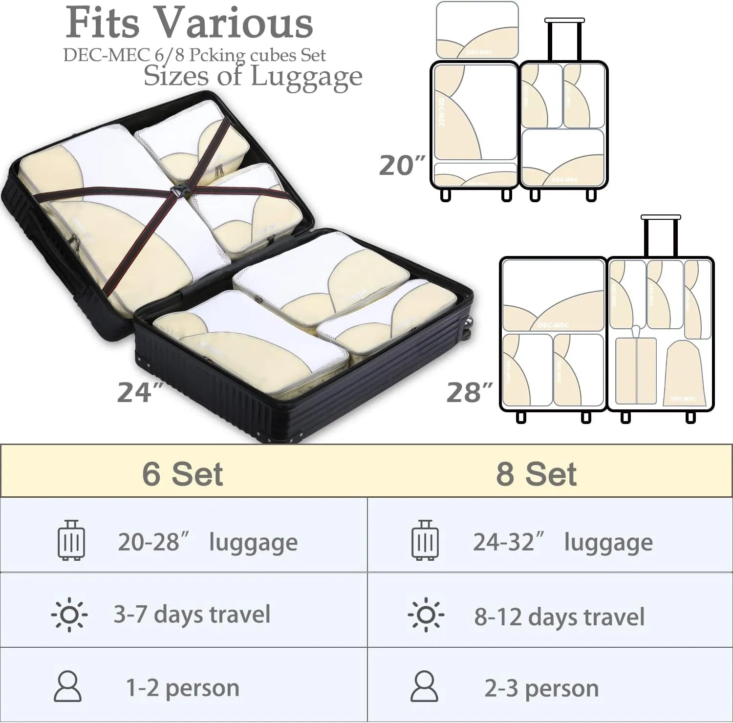 8 Set Packing Cubes for Travel (L,M,S,XS)-Suitcases Organizer Set for Travel Accessories Travel Essentials, Luggage Packing Bags for Carry on Suitcase (8set, Cream)
