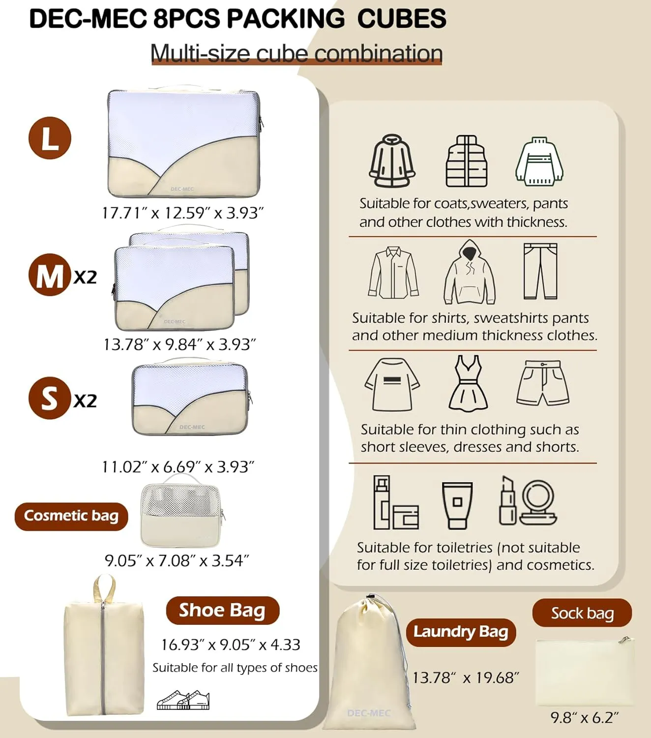 8 Set Packing Cubes for Travel (L,M,S,XS)-Suitcases Organizer Set for Travel Accessories Travel Essentials, Luggage Packing Bags for Carry on Suitcase (8set, Cream)