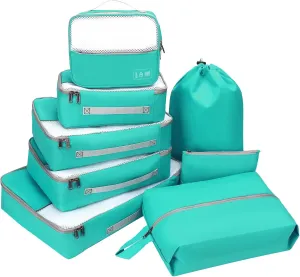 8 Set Packing Cubes for Travel -Suitcases Organizer Set for Travel Essentials, Luggage Packing Cubes for Carry on Suitcase (Turquoise, 8set(1L 2M 2S 1XS 1Shoes Bag 1Laundry bag))