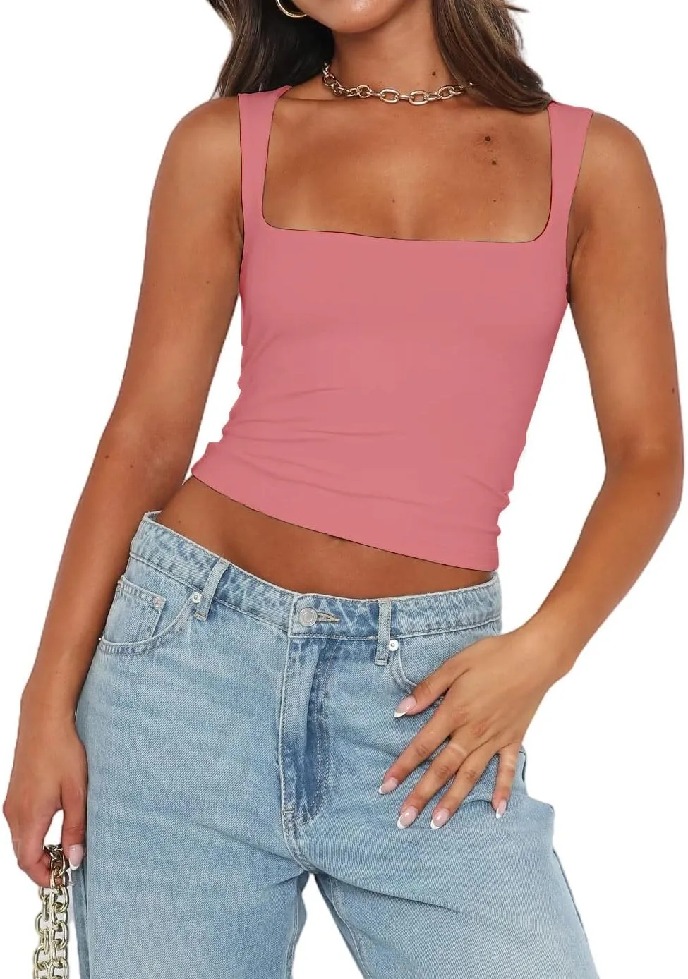 Abardsion Womens Sexy Crop Top Summer 2024 Square Neck Sleeveless Double Layer Going Out Tank Tops