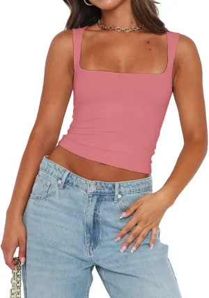 Abardsion Womens Sexy Crop Top Summer 2024 Square Neck Sleeveless Double Layer Going Out Tank Tops