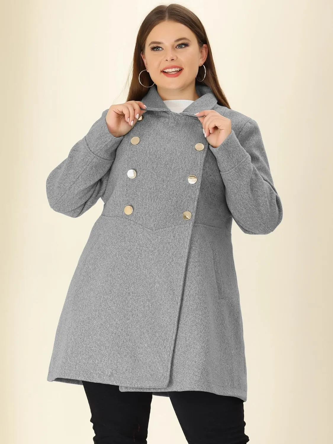 Agnes Orinda Women's Plus Size Coat A-Line Peter Pan Collar Double Breasted Fall Winter Peacoat