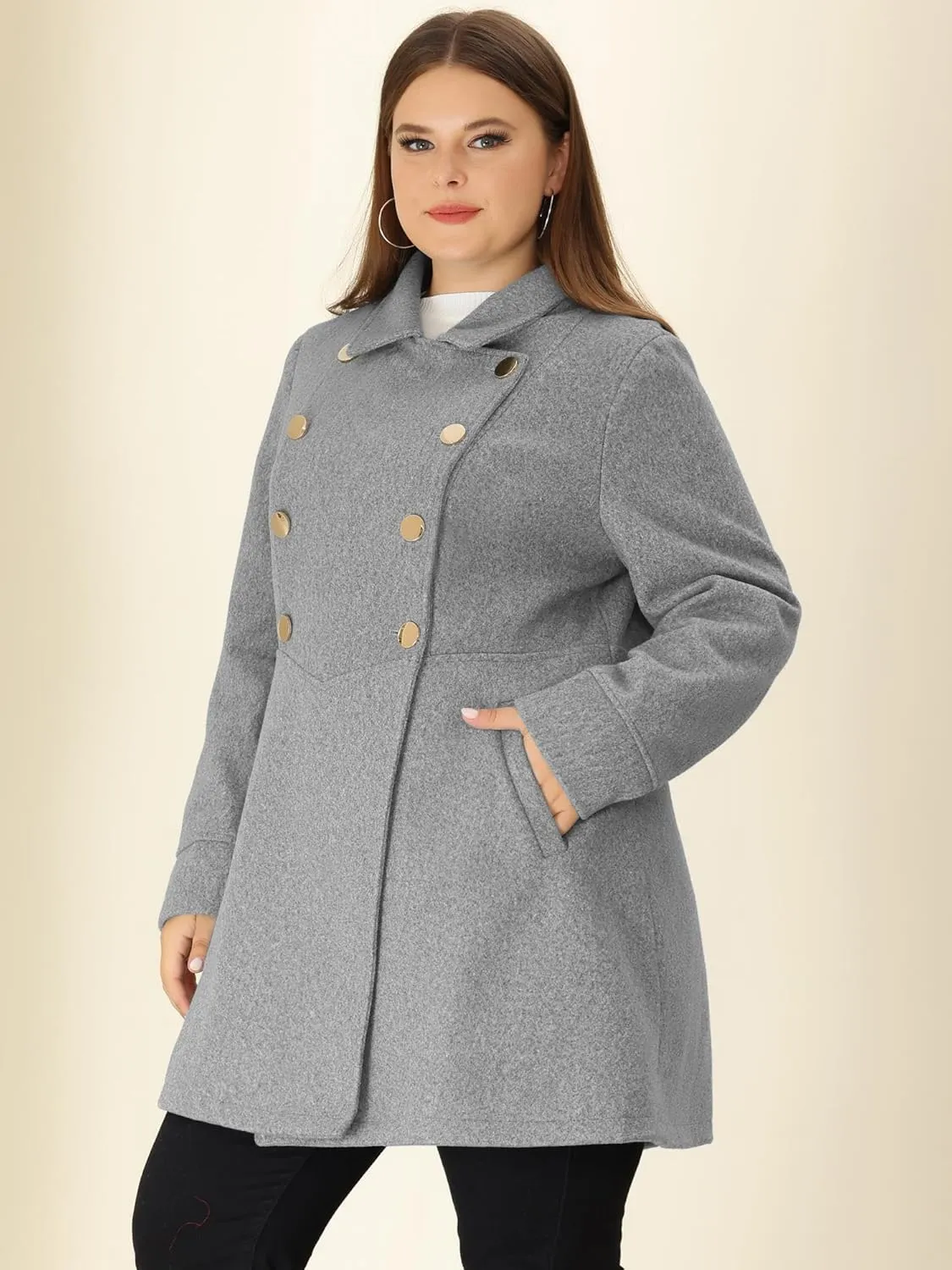 Agnes Orinda Women's Plus Size Coat A-Line Peter Pan Collar Double Breasted Fall Winter Peacoat