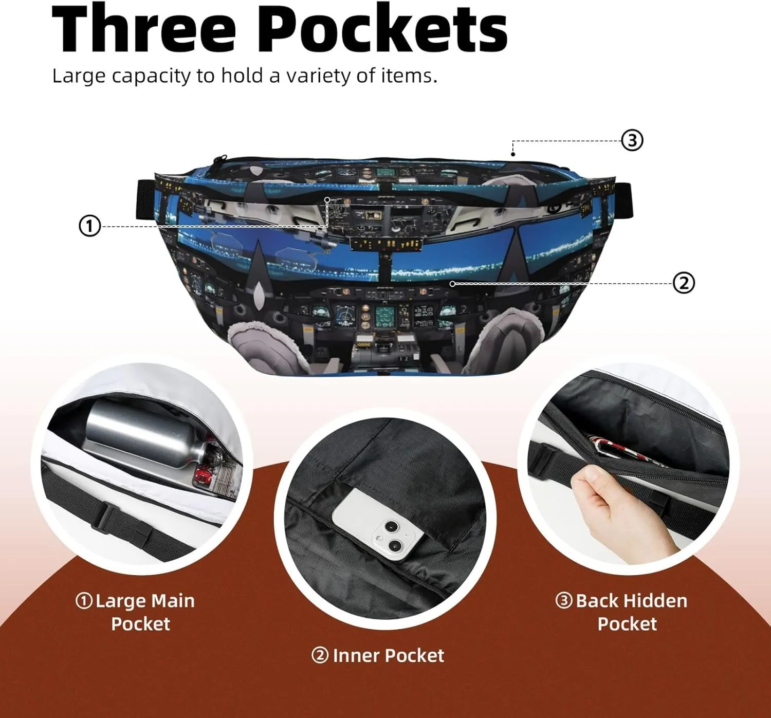 Airplane Cockpit Unisex Fanny Pack  Ideal for Travel, Running, Hiking, Walking, Workout, Fashionable & Large Capacity