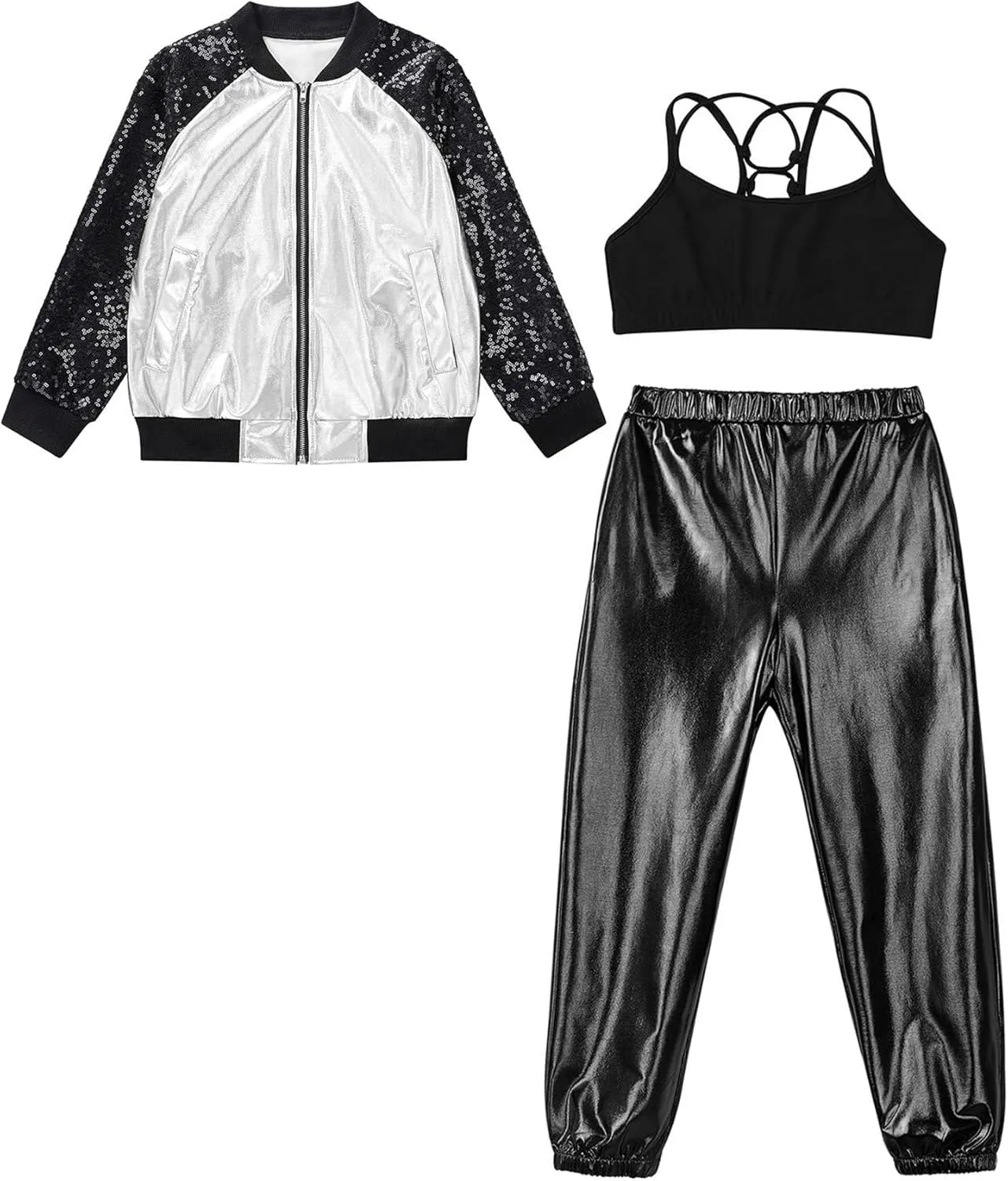 Aislor Kids Girls Jazz Hip Hop Dance Outfits Shiny Long Sleeve Bomber Jacket Sweatshirt Crop Tops with Harem Pants Set