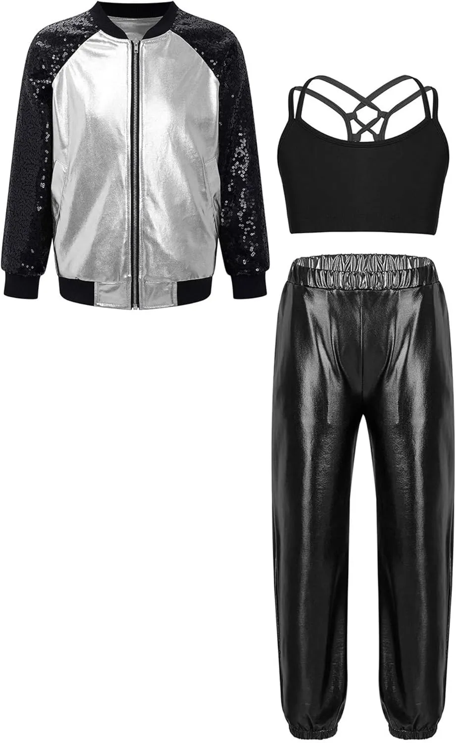 Aislor Kids Girls Jazz Hip Hop Dance Outfits Shiny Long Sleeve Bomber Jacket Sweatshirt Crop Tops with Harem Pants Set