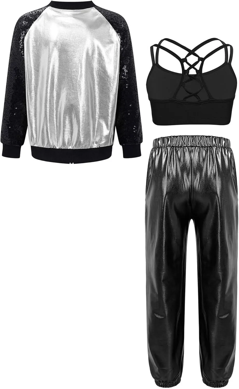 Aislor Kids Girls Jazz Hip Hop Dance Outfits Shiny Long Sleeve Bomber Jacket Sweatshirt Crop Tops with Harem Pants Set