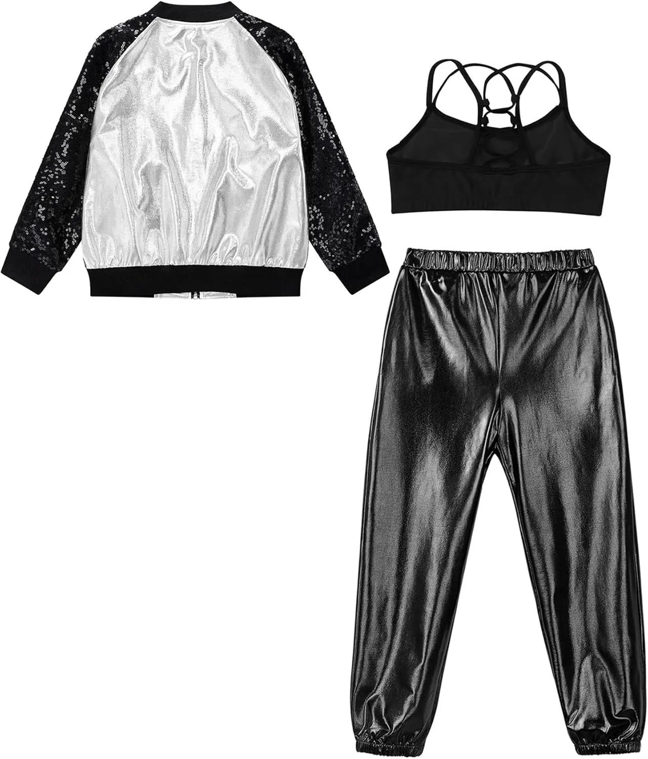 Aislor Kids Girls Jazz Hip Hop Dance Outfits Shiny Long Sleeve Bomber Jacket Sweatshirt Crop Tops with Harem Pants Set