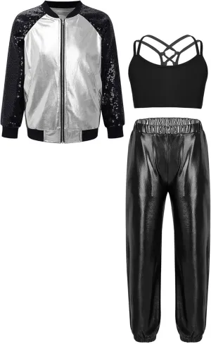 Aislor Kids Girls Jazz Hip Hop Dance Outfits Shiny Long Sleeve Bomber Jacket Sweatshirt Crop Tops with Harem Pants Set