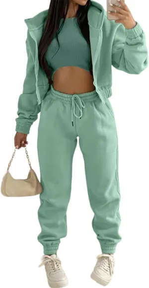 Akmipoem Sweatsuits for Women Set 3 Piece Outfits Zip Up Hoodie Sweatshirt Crop Tank Top Jogger Sweatpants Tracksuit