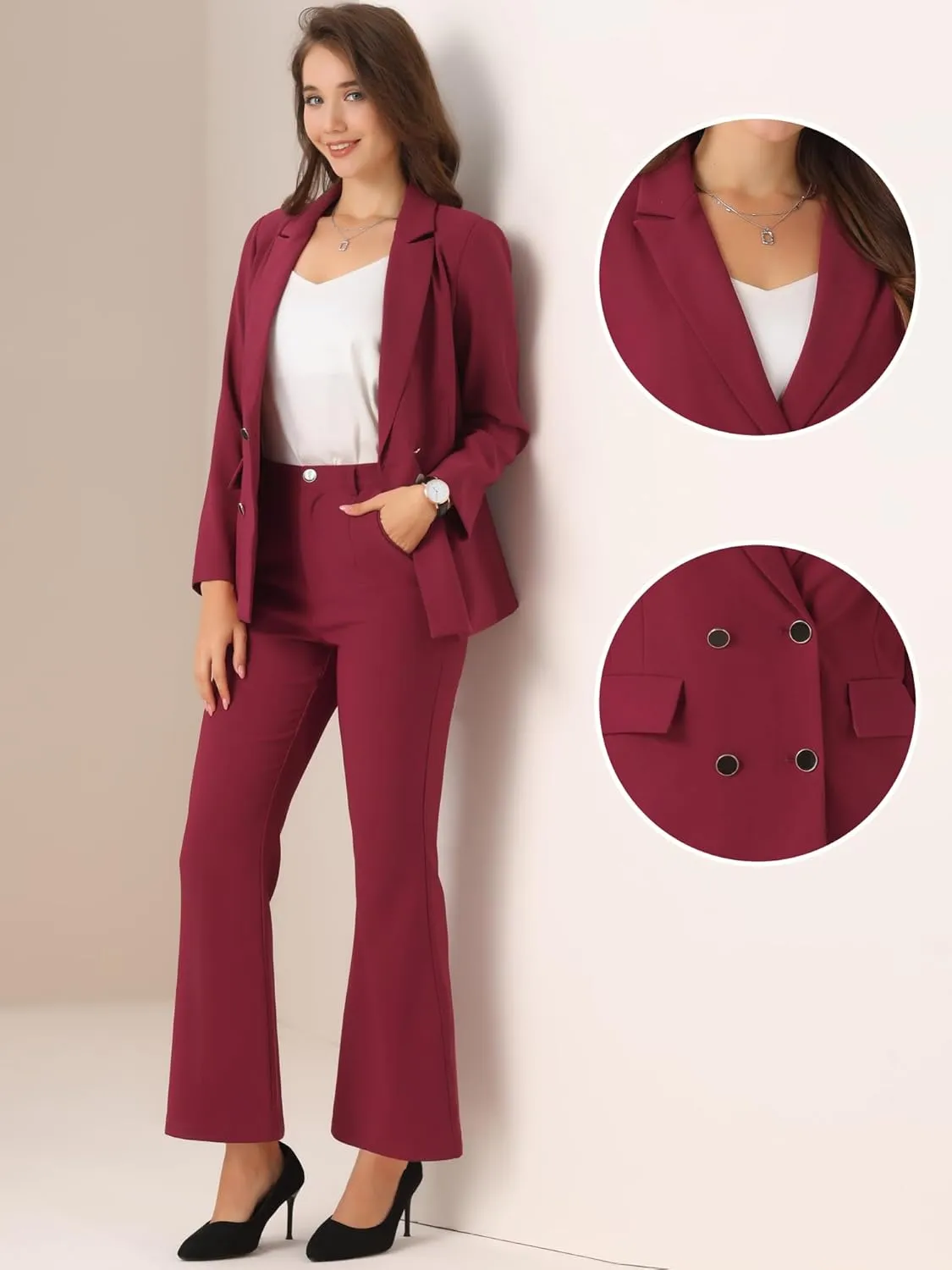 Allegra K 2 Piece Work Suit for Women's Business Formal Double-Breasted Blazer and Pants Set