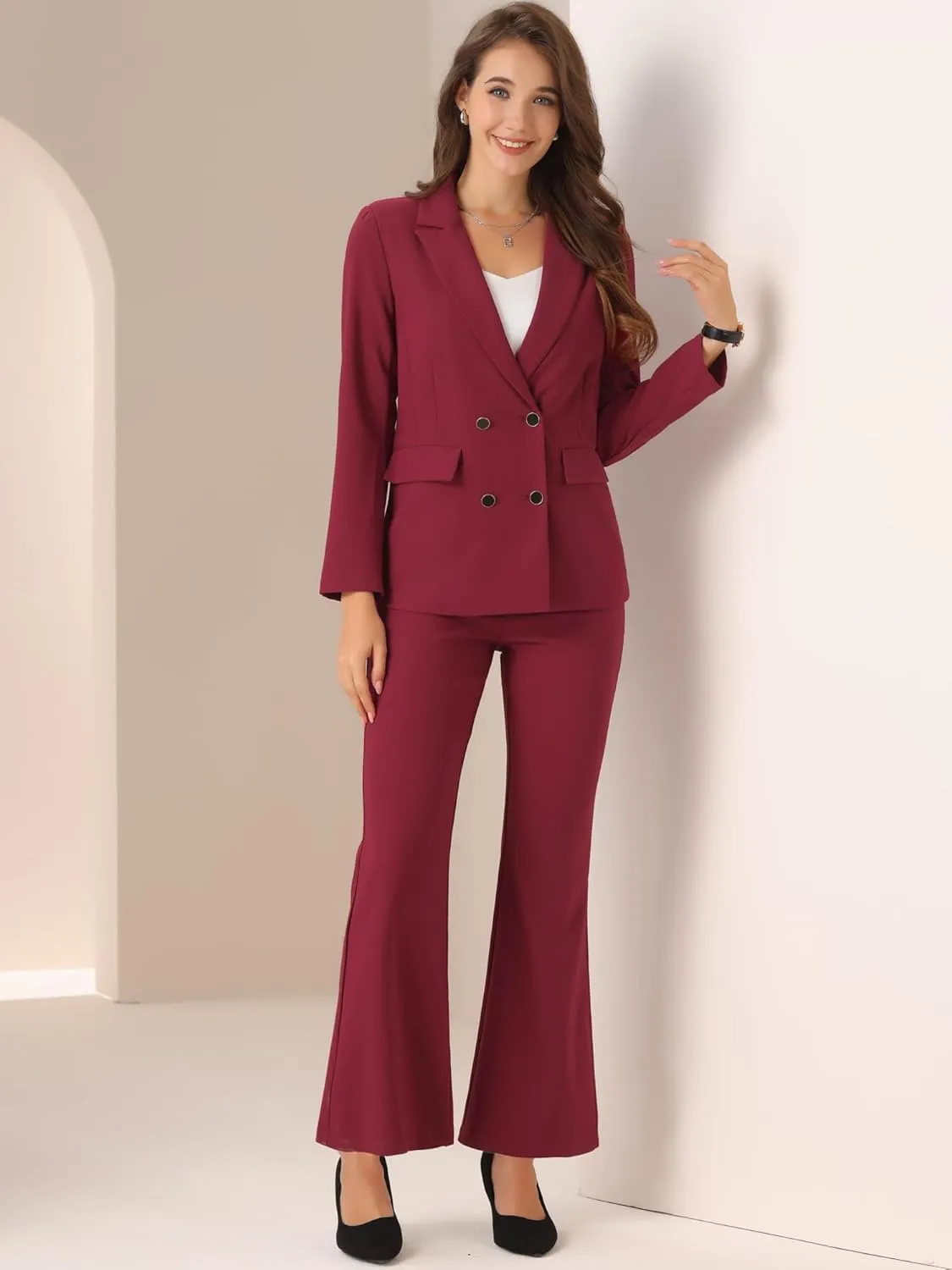 Allegra K 2 Piece Work Suit for Women's Business Formal Double-Breasted Blazer and Pants Set