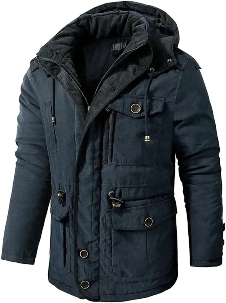 Alloaone Men's Parka Cotton-Padded Windbreaker Warm Hooded Cashmere Outwear Snow Coat Thicken Winter Jacket