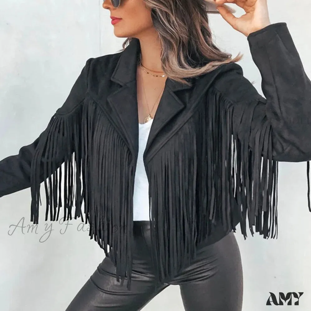 Amy Fashion - Turn Down Collar Tassel Coat