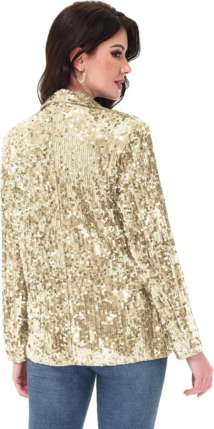 Anna-Kaci Women's Sparkle Sequin Jacket Long Sleeve Open Front Work Blazer Cardigan with Pockets