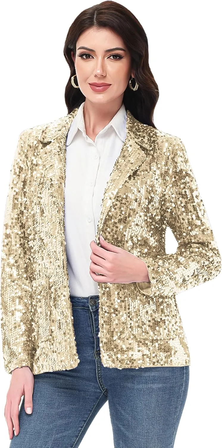 Anna-Kaci Women's Sparkle Sequin Jacket Long Sleeve Open Front Work Blazer Cardigan with Pockets