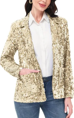 Anna-Kaci Women's Sparkle Sequin Jacket Long Sleeve Open Front Work Blazer Cardigan with Pockets