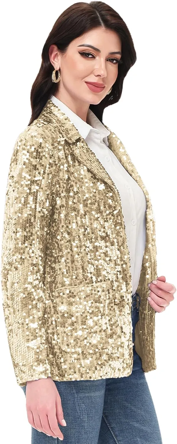 Anna-Kaci Women's Sparkle Sequin Jacket Long Sleeve Open Front Work Blazer Cardigan with Pockets