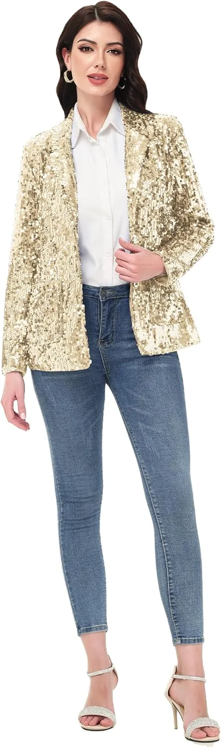 Anna-Kaci Women's Sparkle Sequin Jacket Long Sleeve Open Front Work Blazer Cardigan with Pockets
