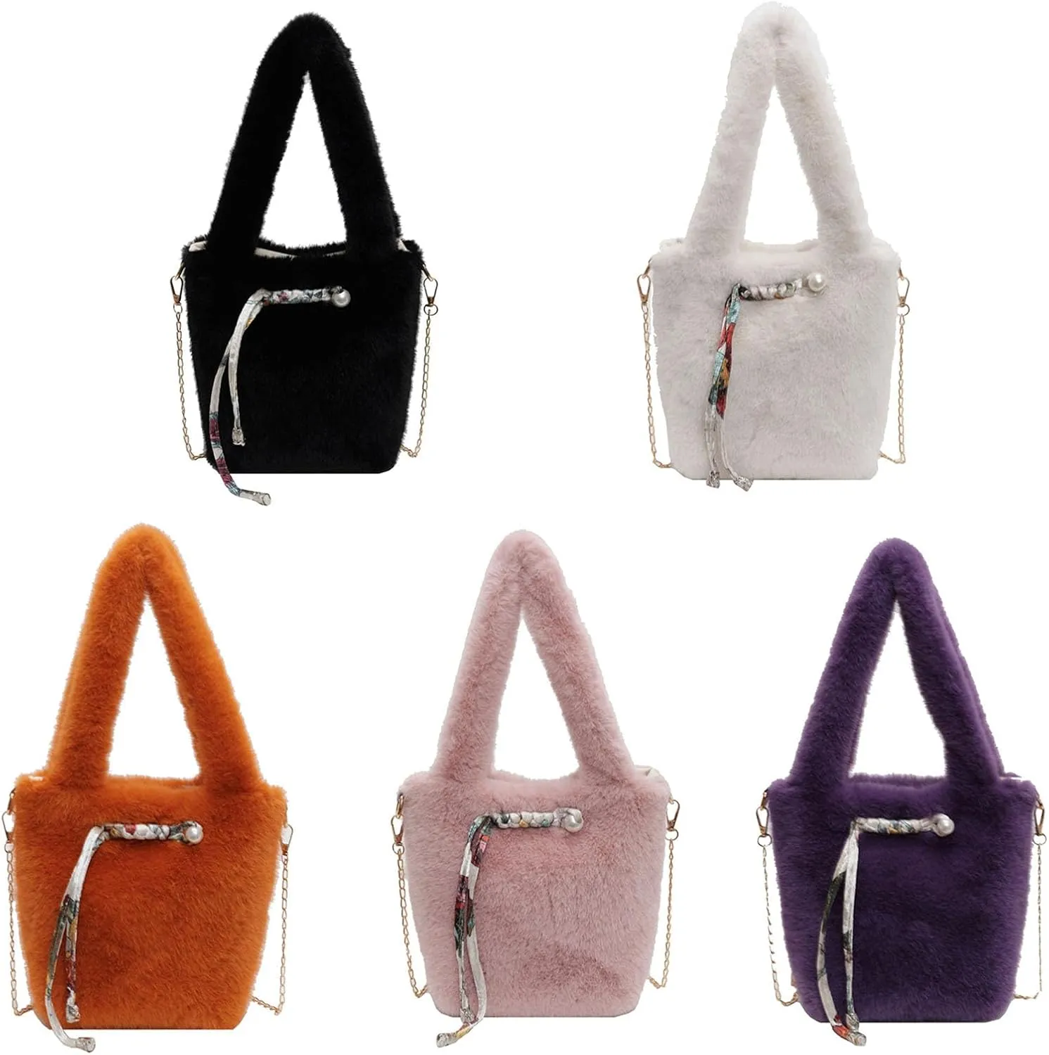 Autumn Winter Plush Bucket Bag Soft Furry Shoulder Crossbody Purse Casual Handbag for Fashionable Women