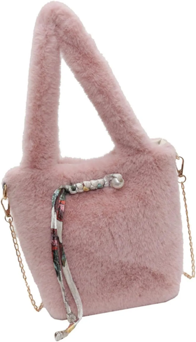 Autumn Winter Plush Bucket Bag Soft Furry Shoulder Crossbody Purse Casual Handbag for Fashionable Women
