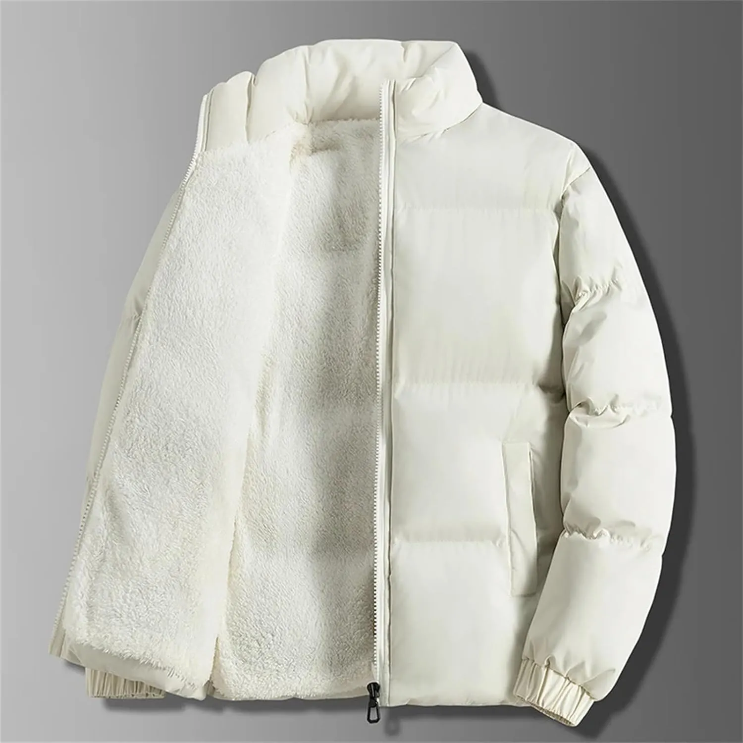 Autumn Winter Warm Men Plus Size Fleece Jacket Solid Color Thicken Cotton Padded Jacket Stand Collar Casual Coat