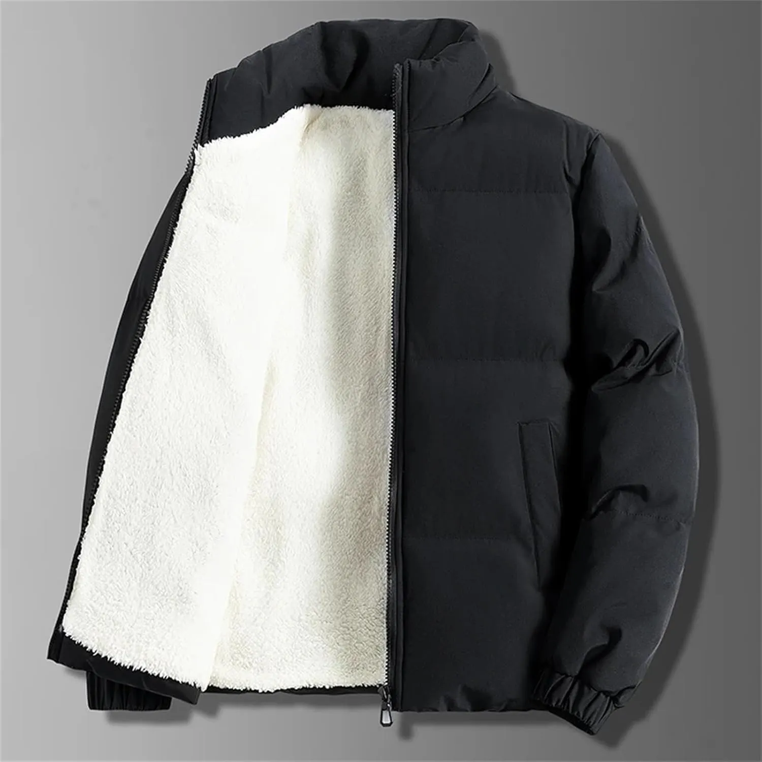 Autumn Winter Warm Men Plus Size Fleece Jacket Solid Color Thicken Cotton Padded Jacket Stand Collar Casual Coat