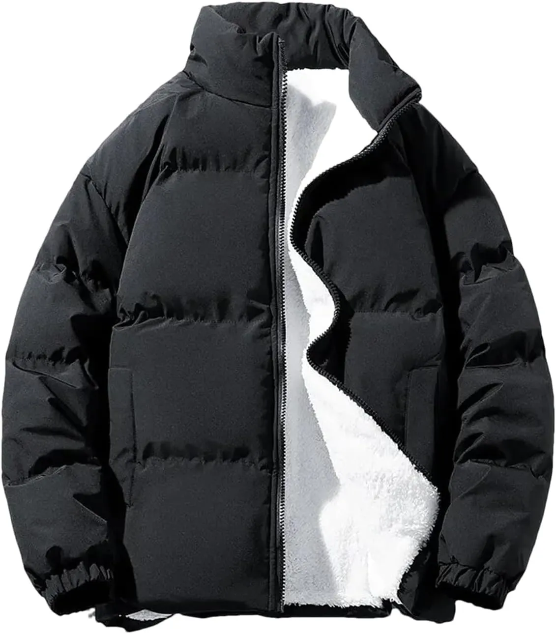 Autumn Winter Warm Men Plus Size Fleece Jacket Solid Color Thicken Cotton Padded Jacket Stand Collar Casual Coat