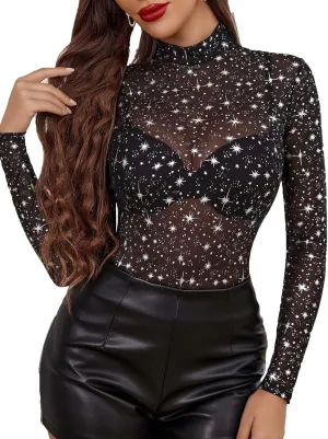 Avidlove Mesh Top for Women Long Sleeve See Through Shirt Mock Neck Sheer Blouse S-XXL