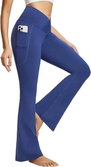 baleaf Women's Yoga Pants V Crossover Flare Leggings with Pockets High Waist Casual Workout Gym Bell Bottom Leggings