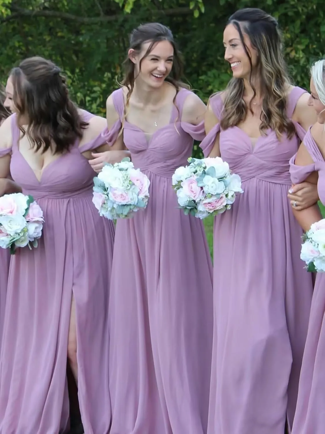 BANTRATIC Off The Shoulder Bridesmaid Dress for Women Chiffon Sweetheart Neck Long Formal Prom Wedding Party Dress with Slit