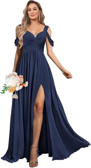 BANTRATIC Off The Shoulder Bridesmaid Dress for Women Chiffon Sweetheart Neck Long Formal Prom Wedding Party Dress with Slit