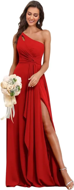 BANTRATIC One Shoulder Chiffon Bridesmaid Dress Ruffle Slit Maxi Wedding Guest Empire Waist Ruched Flowy Formal Evening Gown