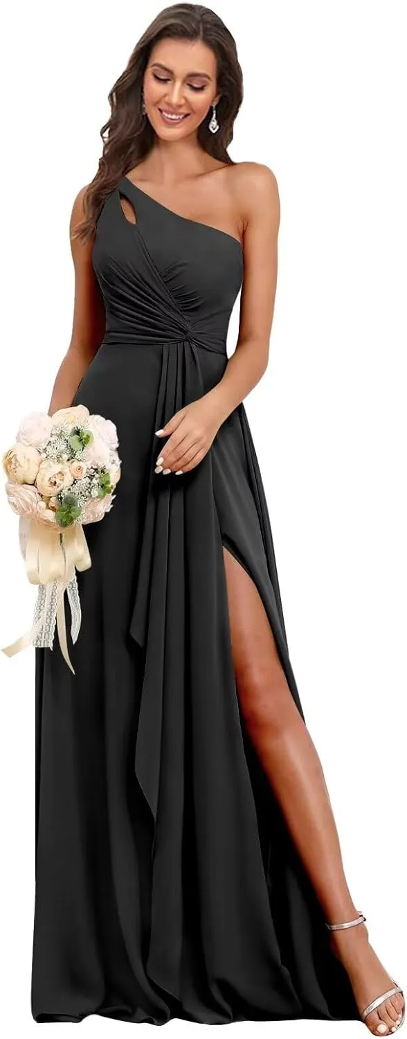 BANTRATIC One Shoulder Chiffon Bridesmaid Dress Ruffle Slit Maxi Wedding Guest Empire Waist Ruched Flowy Formal Evening Gown