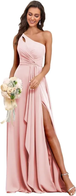BANTRATIC One Shoulder Chiffon Bridesmaid Dress Ruffle Slit Maxi Wedding Guest Empire Waist Ruched Flowy Formal Evening Gown