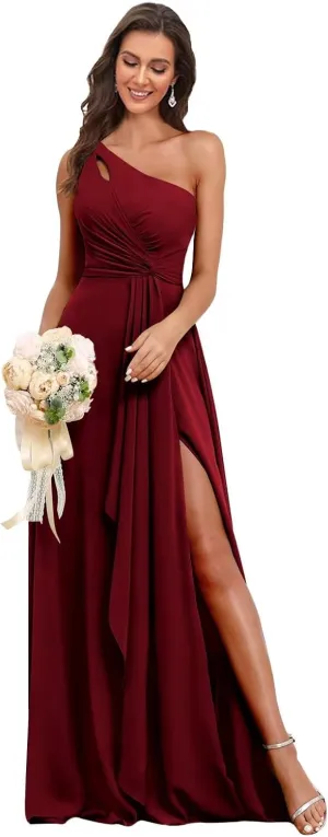 BANTRATIC One Shoulder Chiffon Bridesmaid Dress Ruffle Slit Maxi Wedding Guest Empire Waist Ruched Flowy Formal Evening Gown